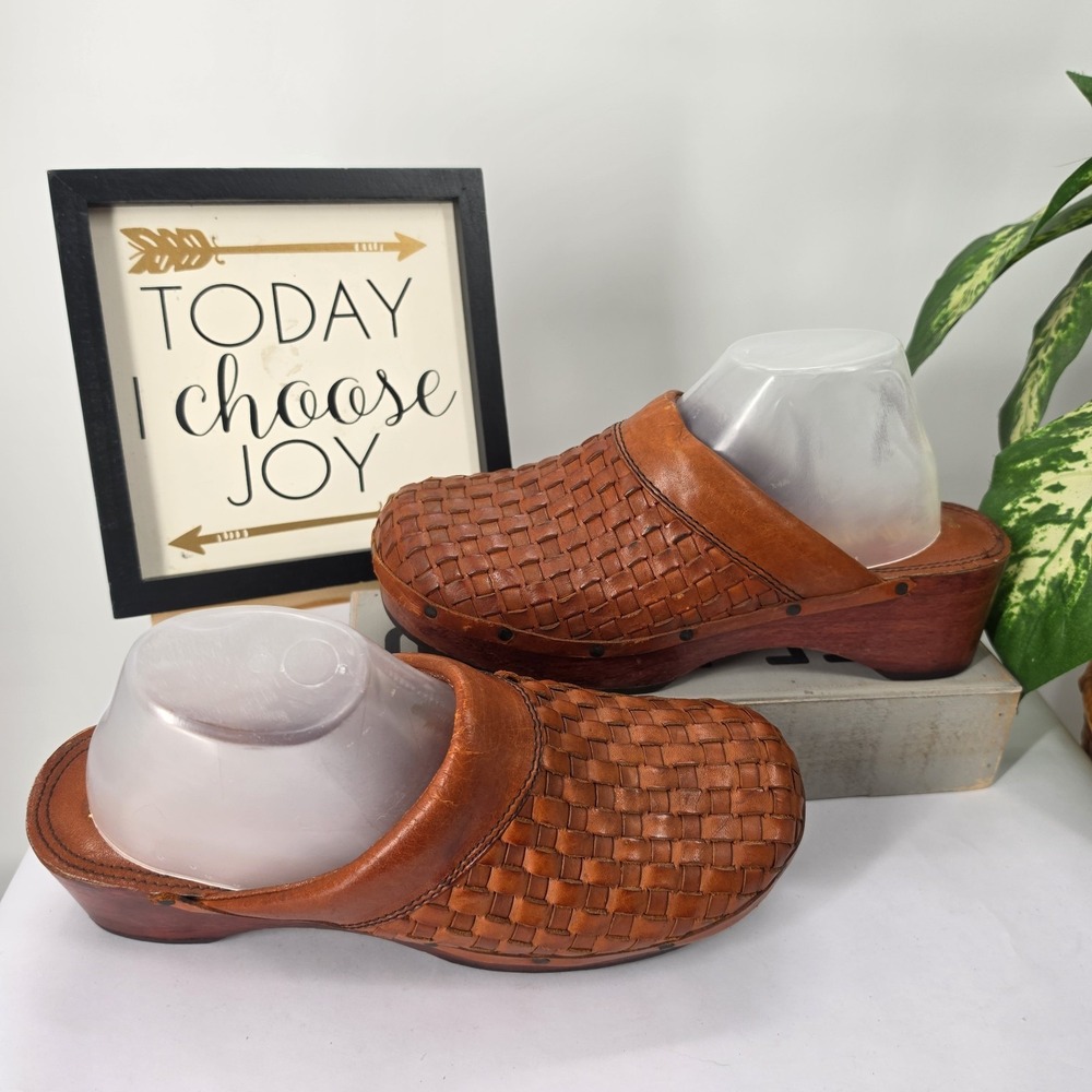Vintage Rare Cervanti Wooden Platform Heel Clogs Mules Woven Leather Shoe Sz 10D